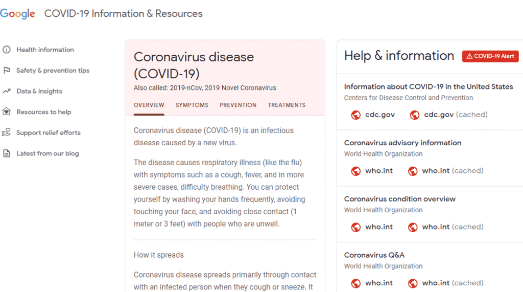 موقع جوجل الخاص بفيروس كورونا